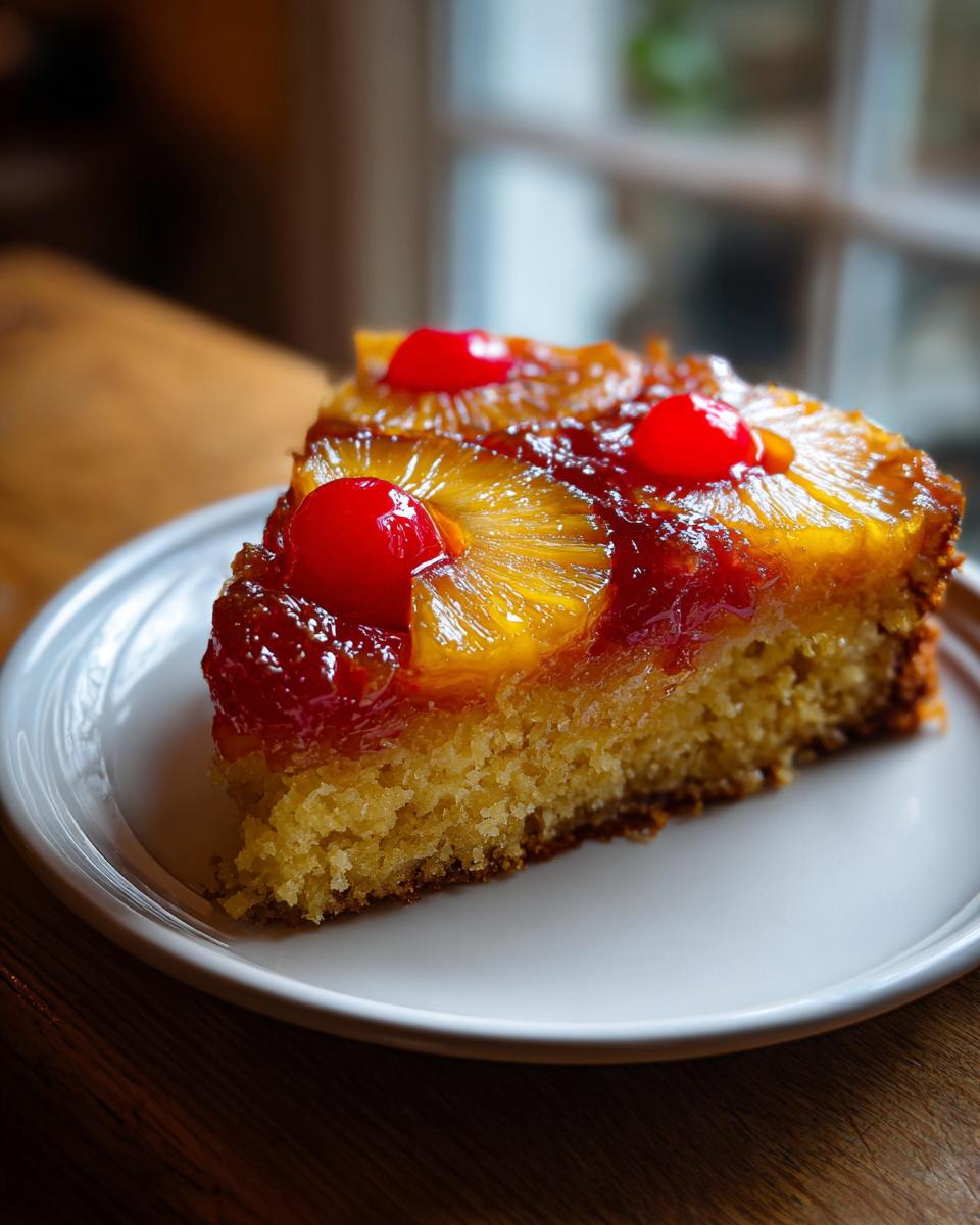 A moist slice of pineapple upside down cake topped with caramelized pineapple rings and maraschino cherries.