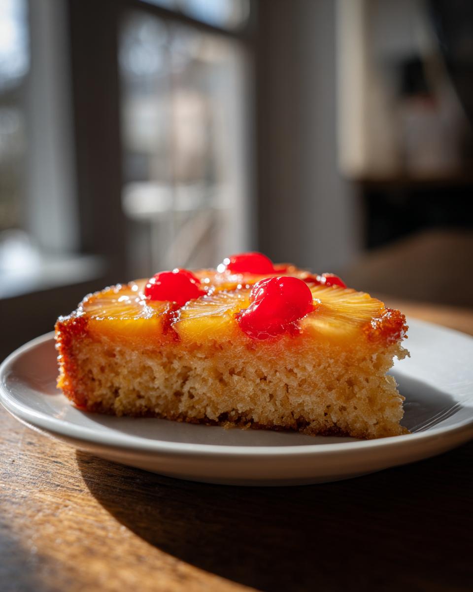 A moist slice of pineapple upside down cake topped with caramelized pineapple rings and maraschino cherries.