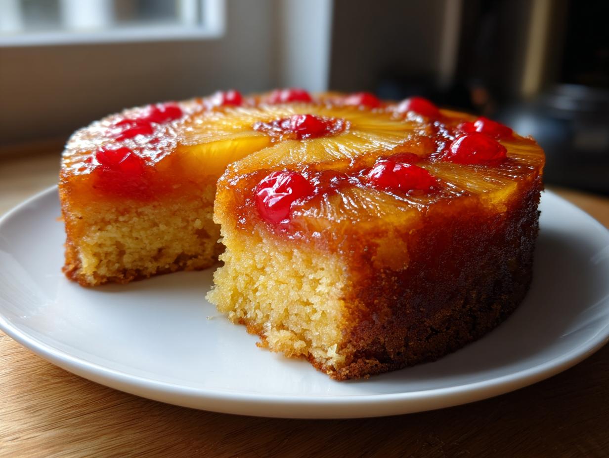 A moist pineapple upside down cake with a slice removed, showing caramelized pineapple and bright red cherries on top.