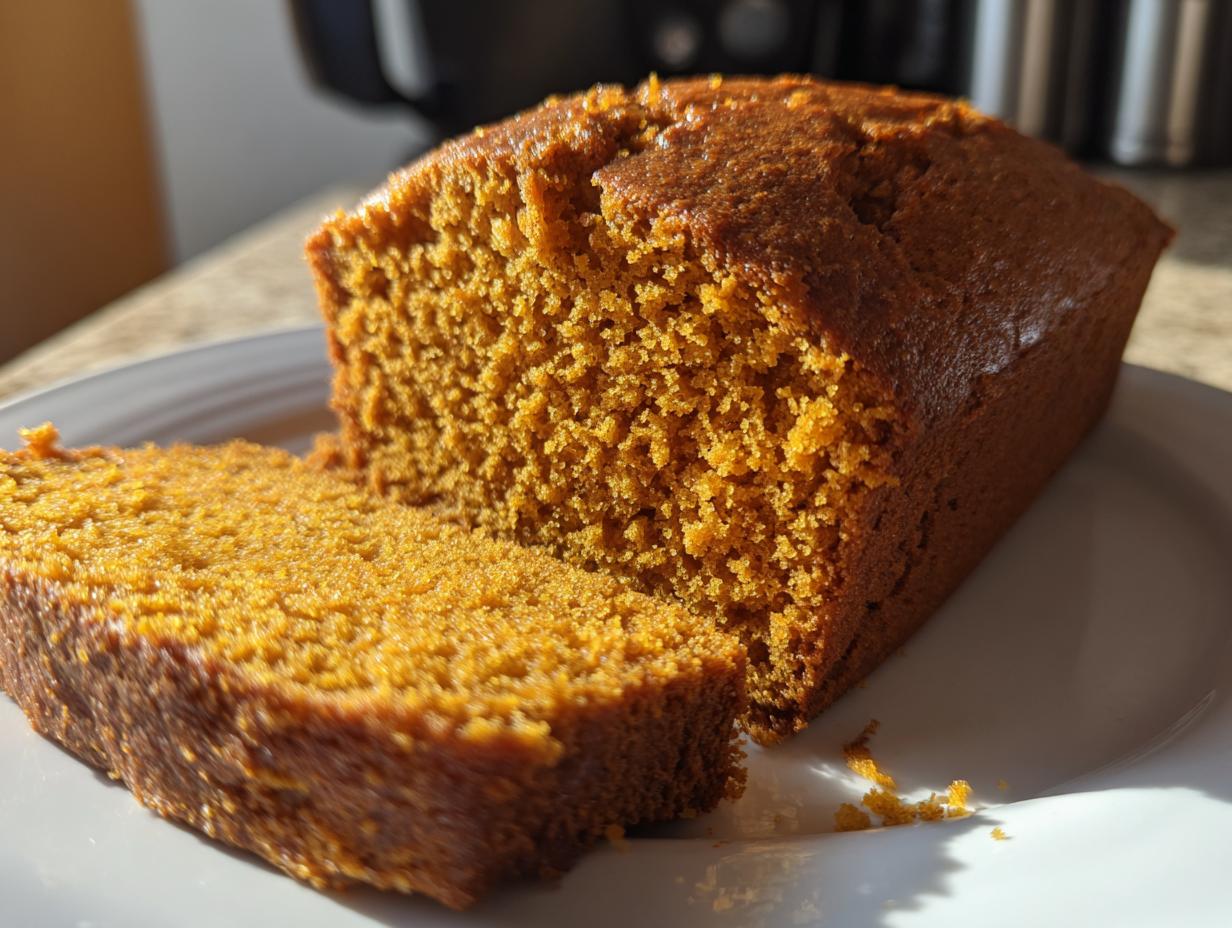 Close-up of a moist pumpkin bread loaf on a white plate with one slice cut, showing the rich orange crumb.