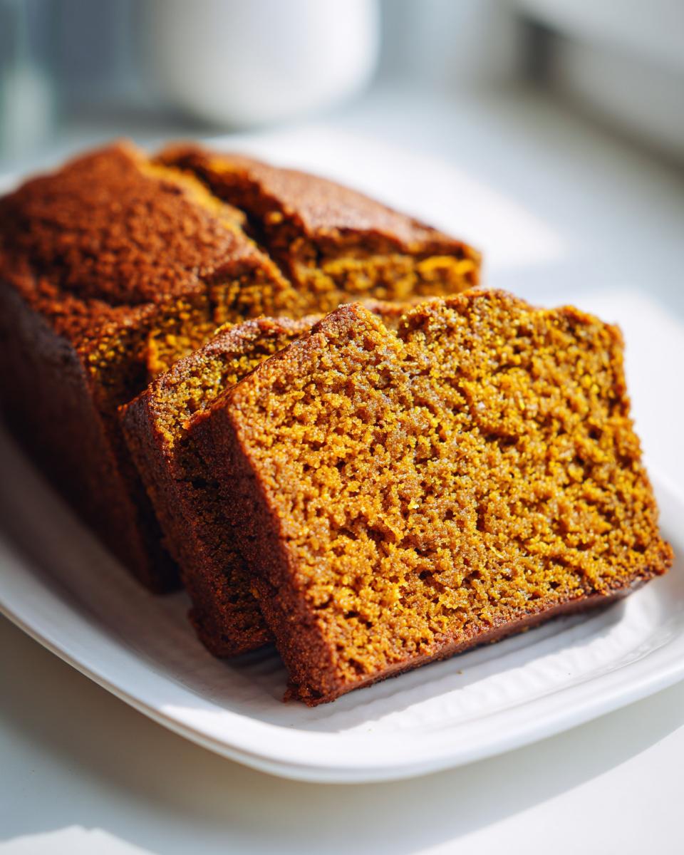 Close-up of moist, dark orange slices of freshly baked pumpkin bread on a white plate.
