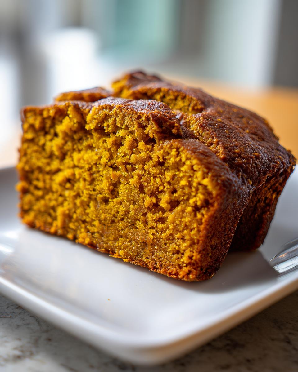 Close-up of two moist slices of rich orange pumpkin bread on a white rectangular plate.