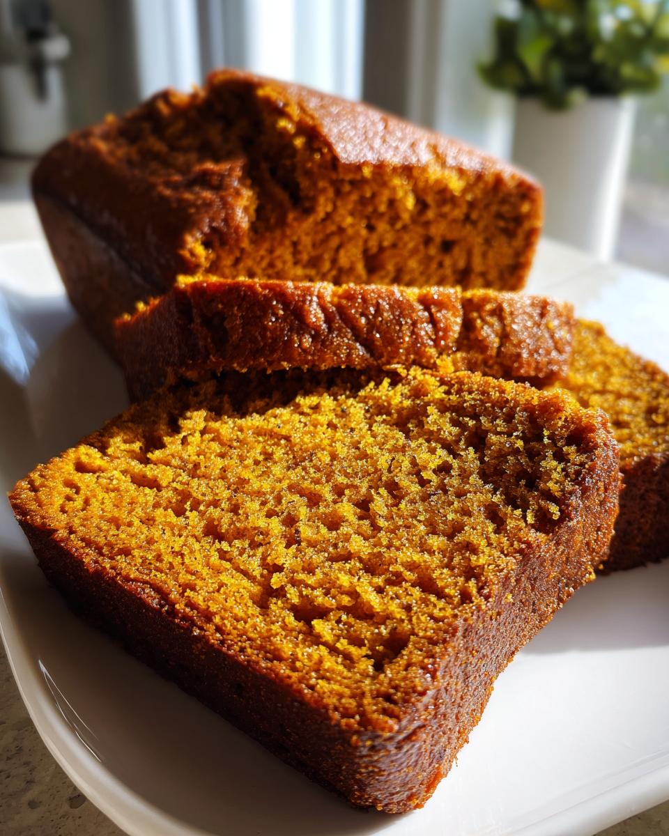 Close-up of moist, rich orange slices of homemade pumpkin bread on a white plate.