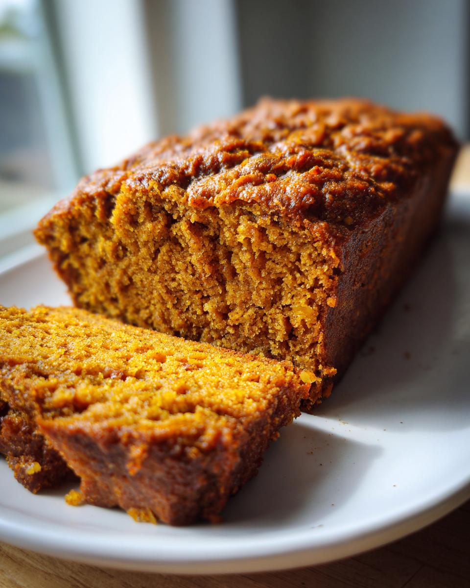 Close-up of a freshly baked, moist loaf of pumpkin bread with two slices cut, resting on a white plate.