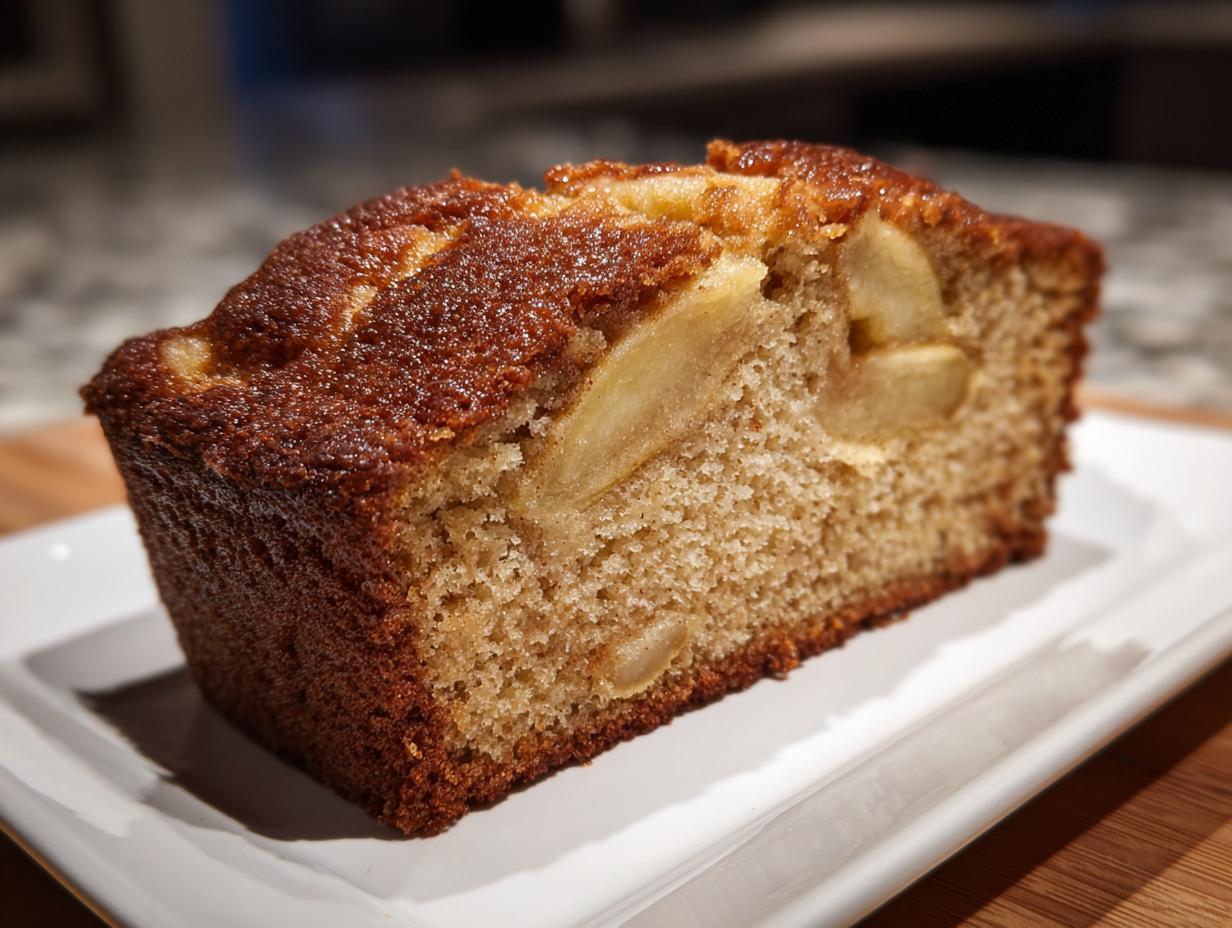 Close-up of a moist slice of jewish apple cake showing the tender crumb and baked apple pieces.