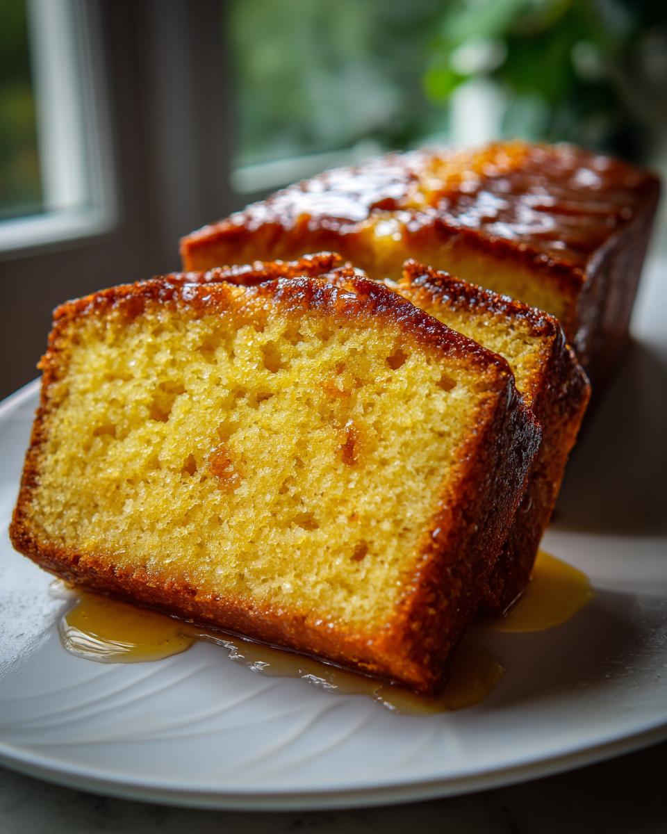 Close-up of two moist slices of golden yellow bacardi rum cake drizzled with a shiny glaze on a white plate.