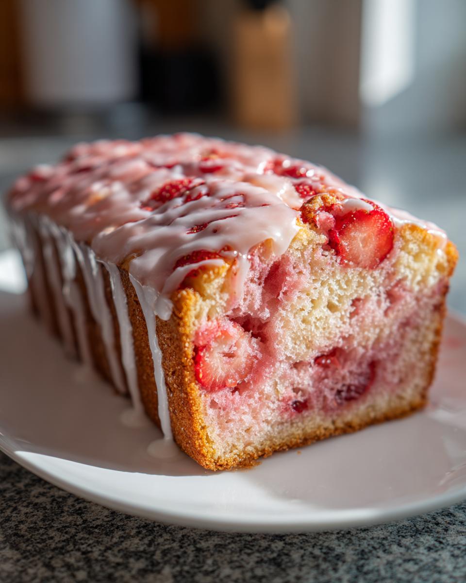 A close-up of a moist strawberry bread loaf, sliced to show the fruit inside and topped with a thick white glaze.
