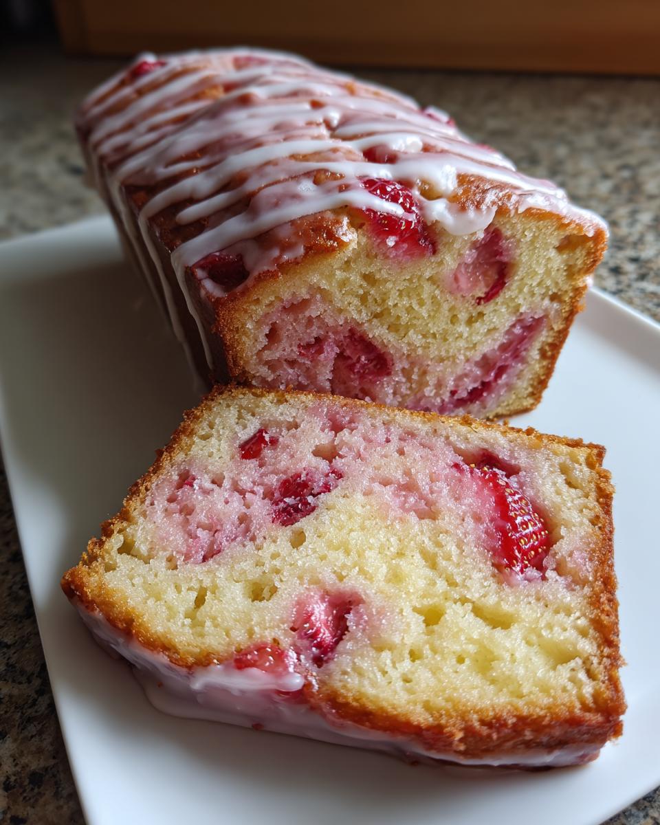 A close-up of moist strawberry bread, showing a slice cut from the loaf topped with a white glaze.