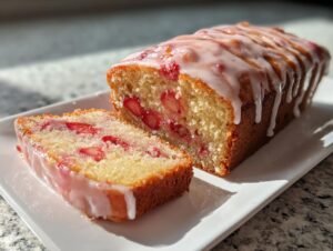 A loaf of moist strawberry bread, partially sliced, topped with a thick, dripping vanilla glaze.