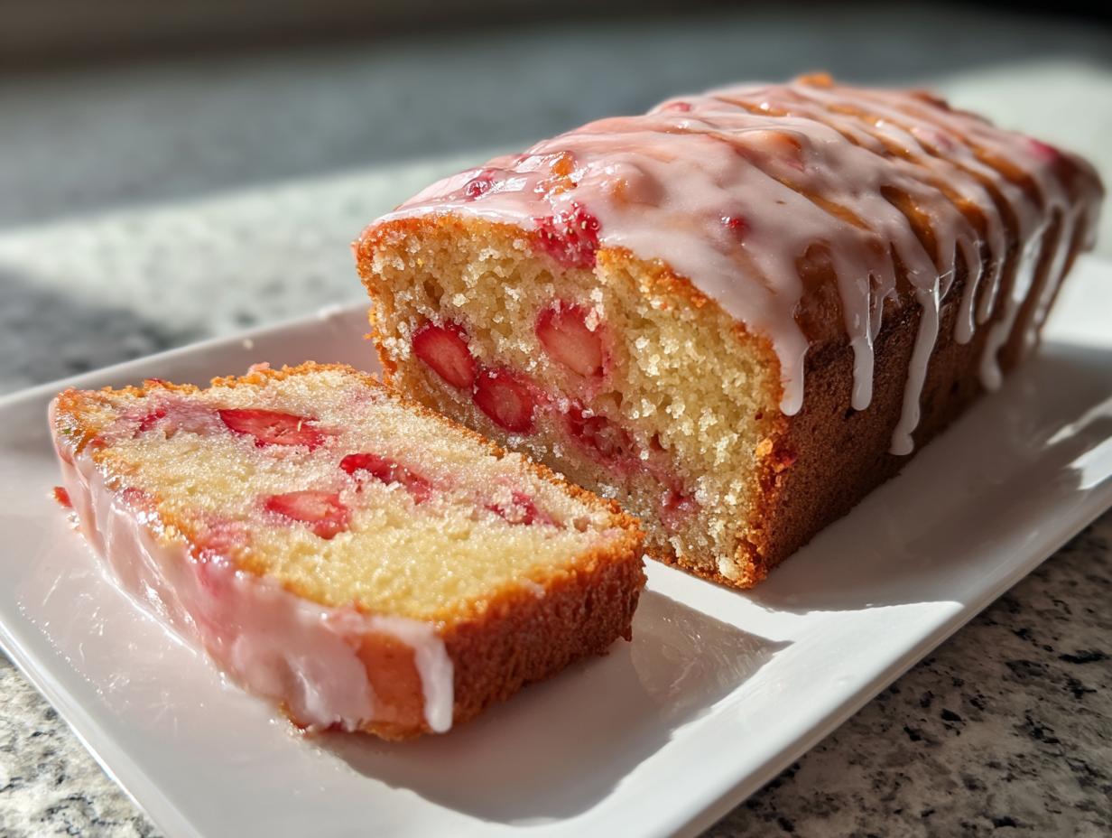 A loaf of moist strawberry bread, partially sliced, topped with a thick, dripping vanilla glaze.