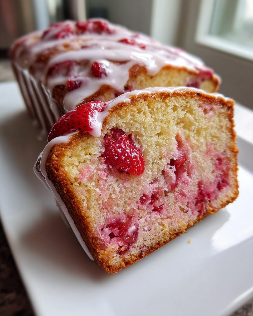 A close-up slice of moist strawberry bread showing baked-in strawberries and a white glaze topping.