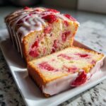 Close-up of moist strawberry bread loaf, sliced, topped with a sweet white glaze and fresh strawberries.