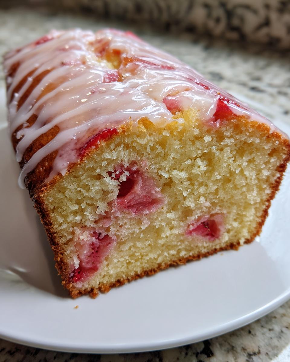 Close-up of a moist slice of strawberry bread showing tender crumb and baked strawberries, topped with a white glaze.