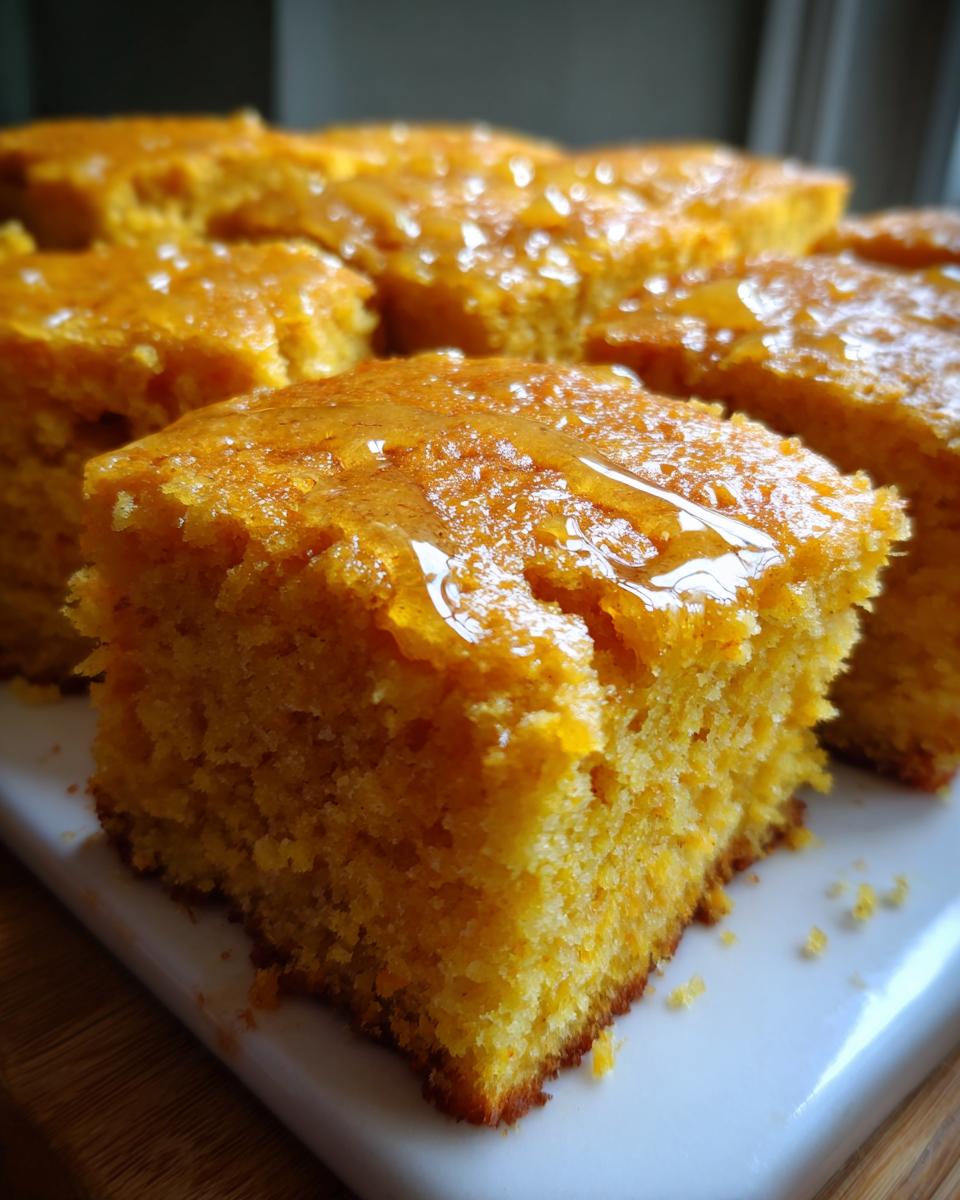 Close-up of moist sweet potato cornbread squares drizzled with honey on a white serving dish.