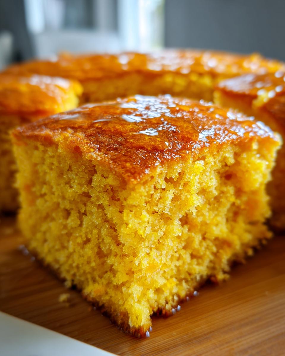 Close-up of a moist, square slice of bright orange sweet potato cornbread topped with a shiny glaze.