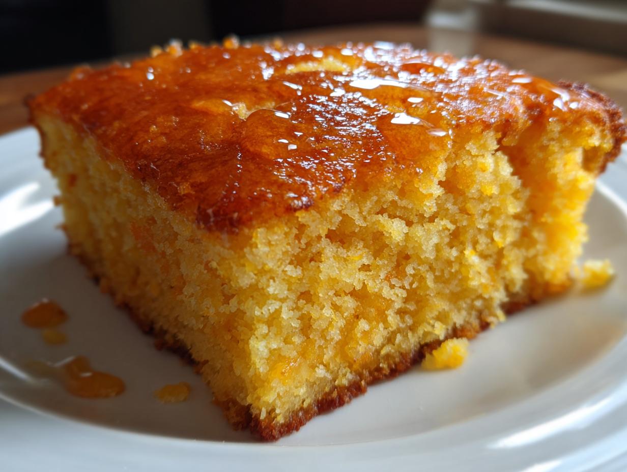 Close-up of a moist slice of sweet potato cornbread drizzled with a shiny orange glaze on a white plate.