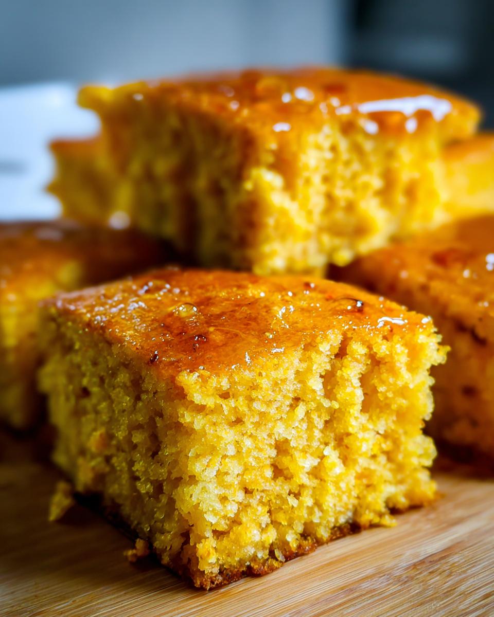 Close-up of moist, golden sweet potato cornbread squares stacked and drizzled with a shiny glaze.