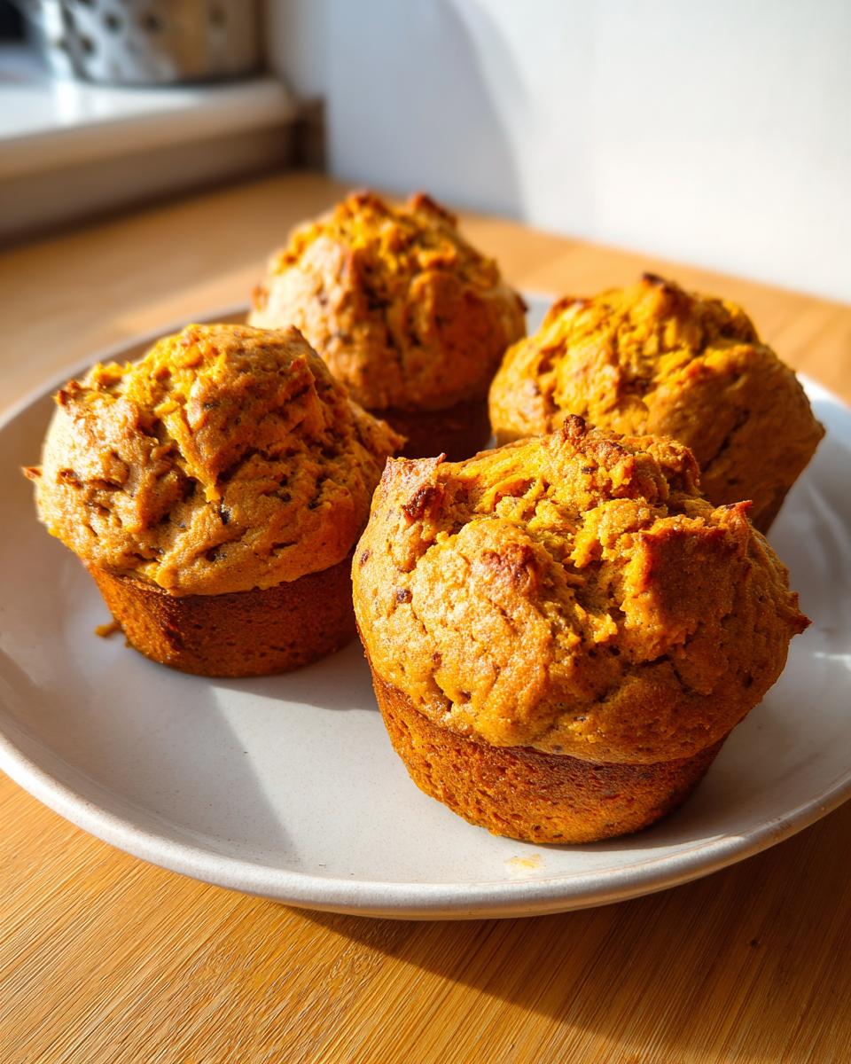Four freshly baked, golden brown sweet potato muffins sitting on a light-colored plate.