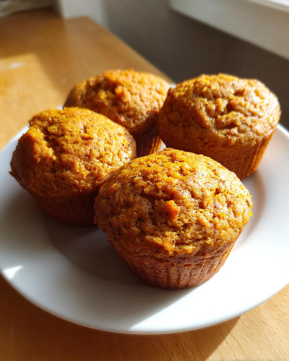 Four freshly baked, moist sweet potato muffins resting on a white plate bathed in sunlight.