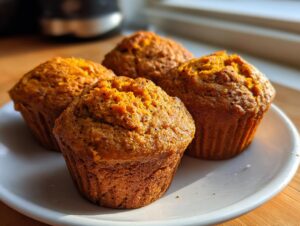 Four freshly baked, moist sweet potato muffins with visible spices sitting on a white plate near a window.