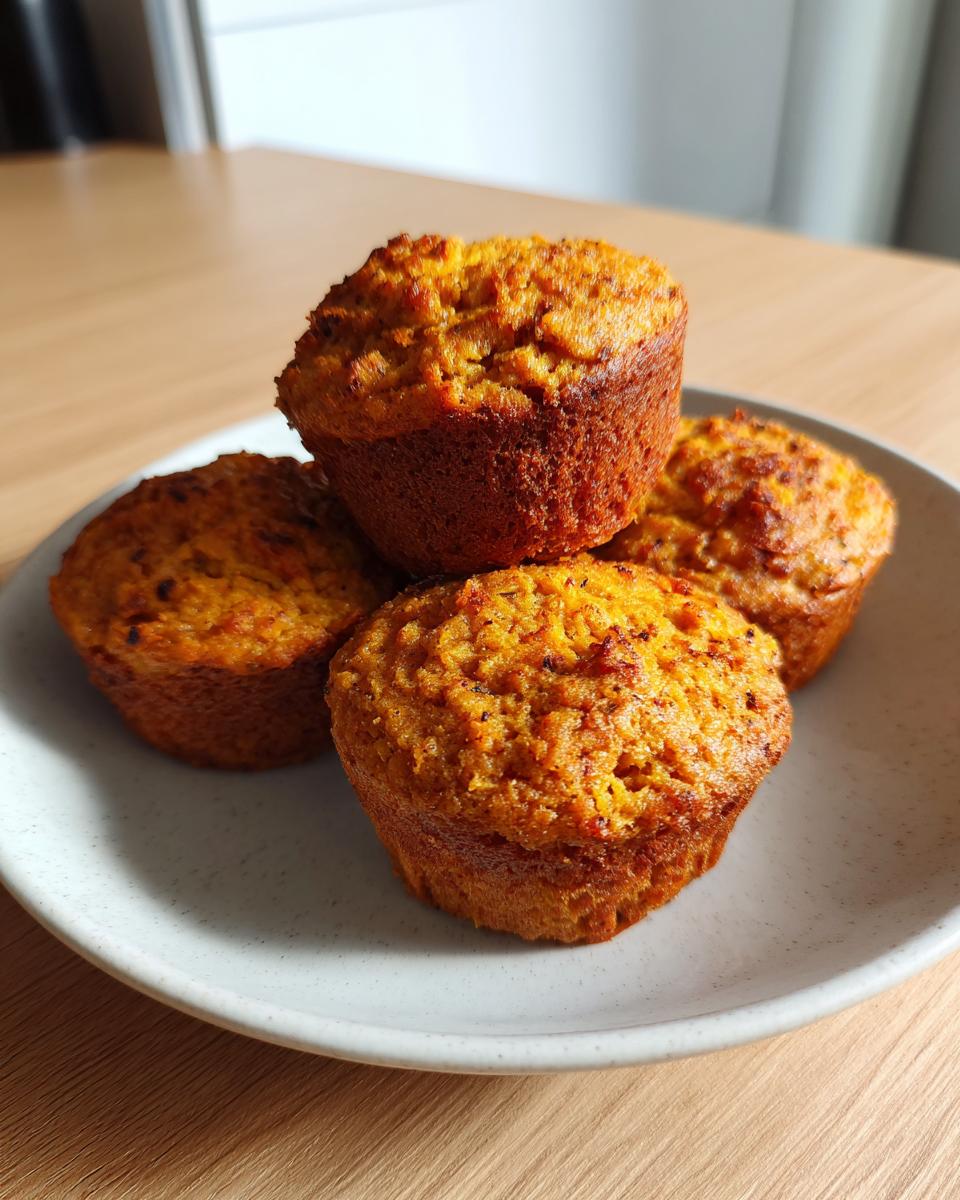 Four freshly baked, golden brown sweet potato muffins stacked slightly on a light gray plate.
