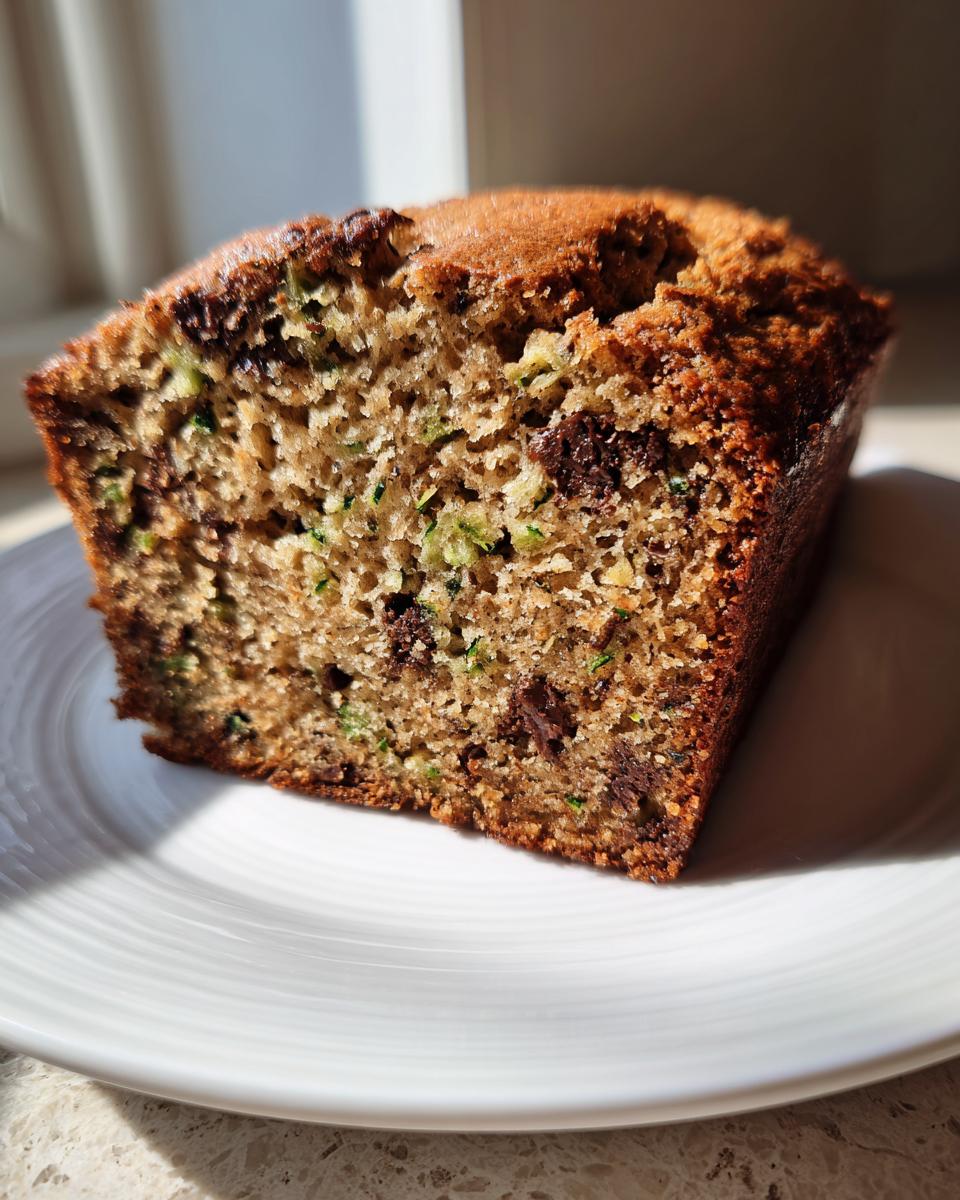 Close-up of a moist slice of zucchini banana bread showing green zucchini shreds and chocolate chips throughout the crumb.