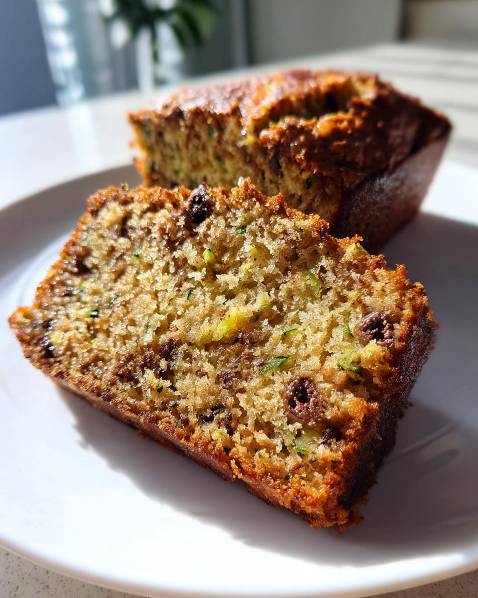 Close-up of a moist slice of zucchini banana bread showing green shreds of zucchini and chocolate chips.