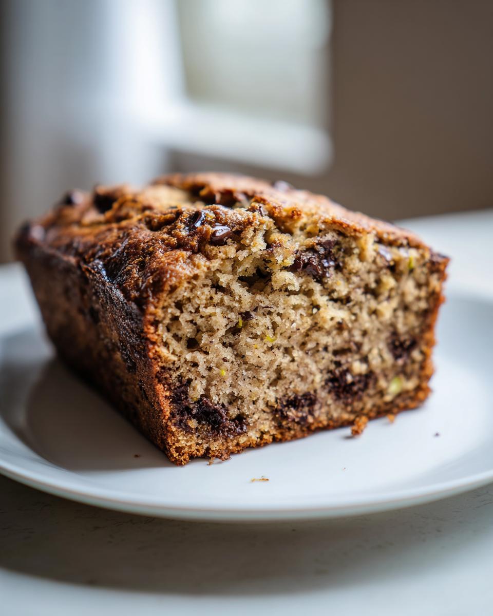 Close-up of a moist slice of zucchini banana bread featuring visible chocolate chips and a golden-brown crust.