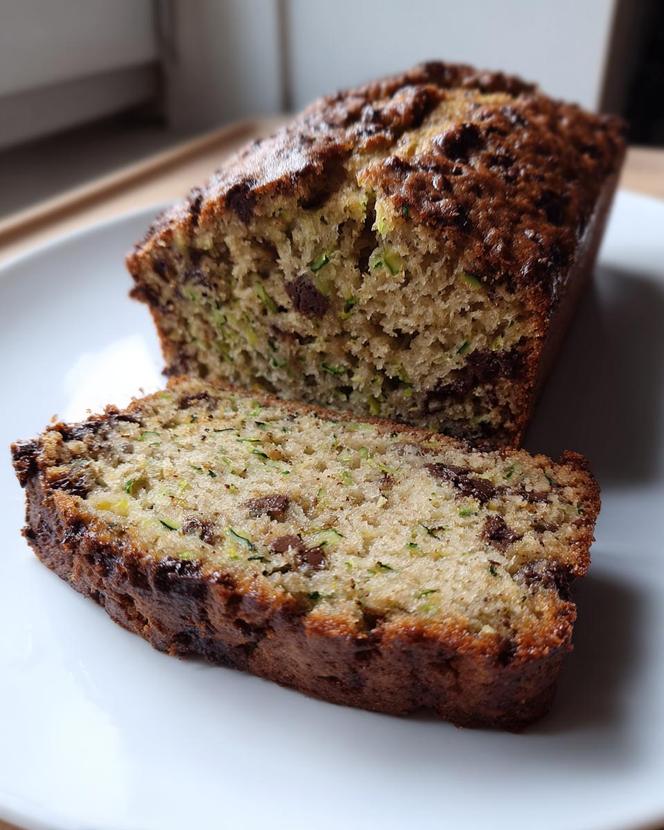 Close-up of a sliced loaf of moist zucchini banana bread featuring visible green zucchini shreds and chocolate chips.