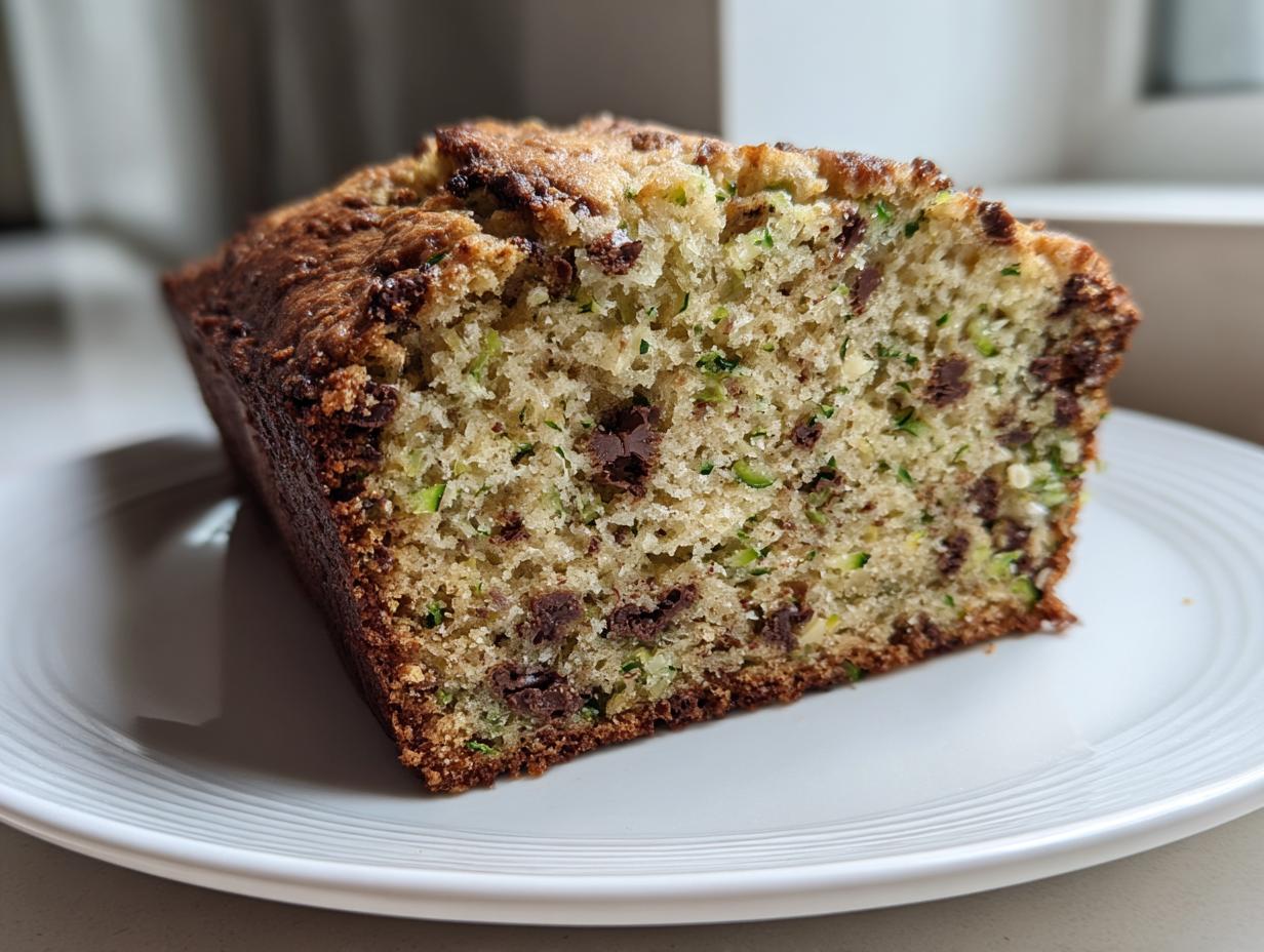 Close-up of a slice of moist zucchini banana bread loaded with chocolate chips on a white plate.