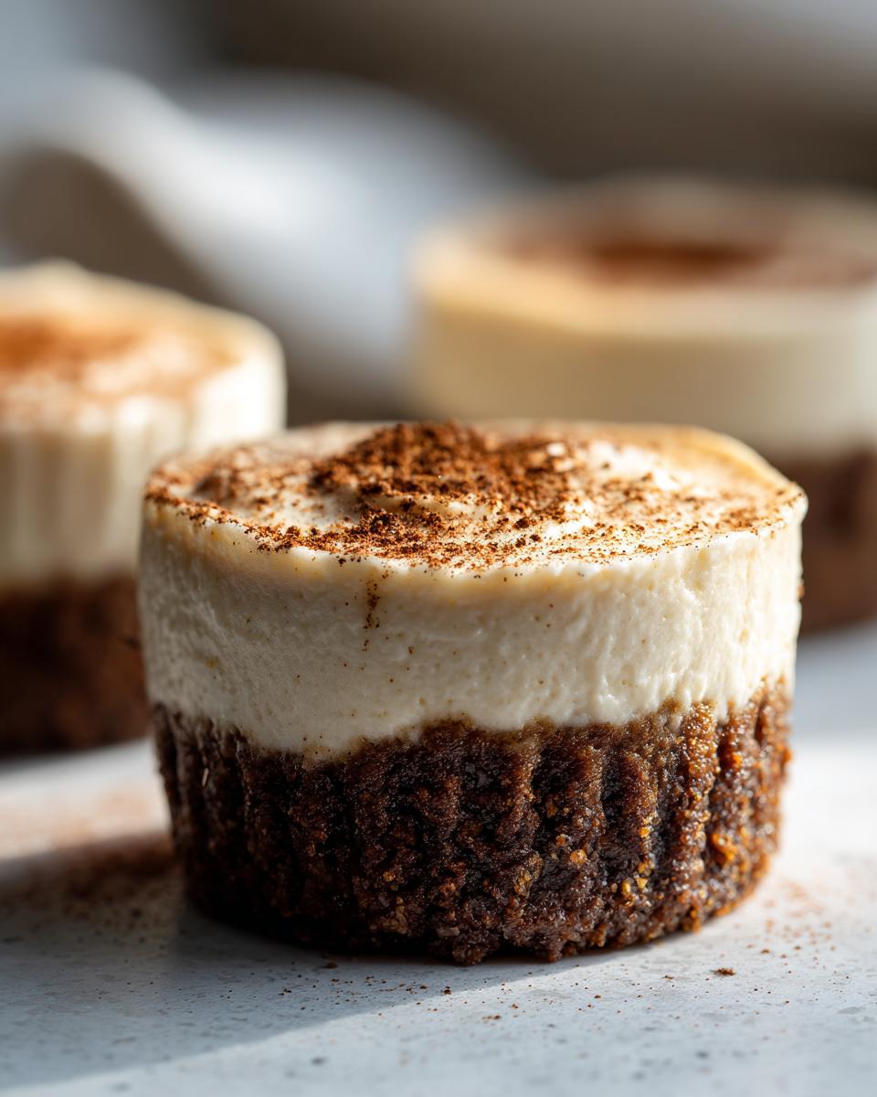 Close-up of a single, rich gingerbread cheesecake cup with a thick cream layer dusted with cocoa powder.