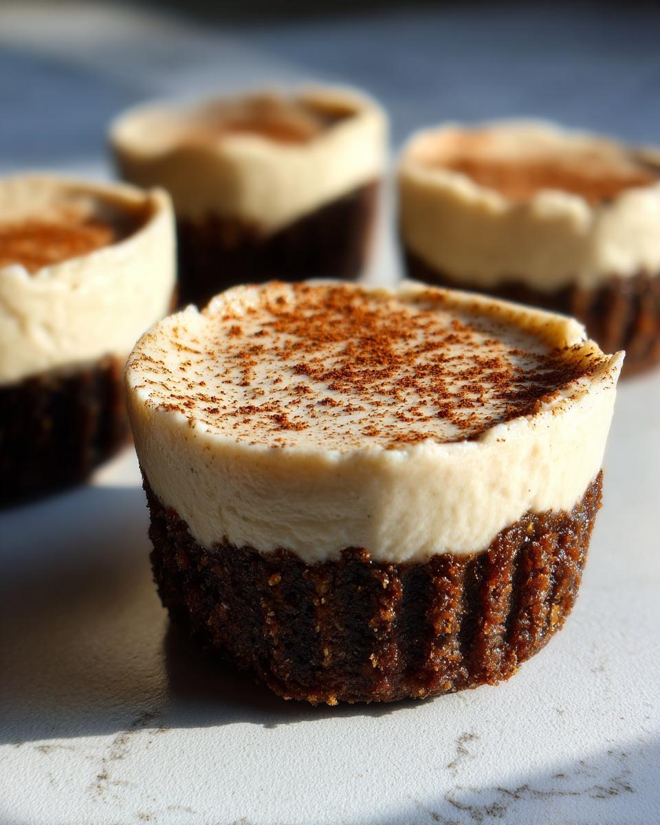 A close-up of a single, rich gingerbread cheesecake cup with a creamy topping dusted with spice.