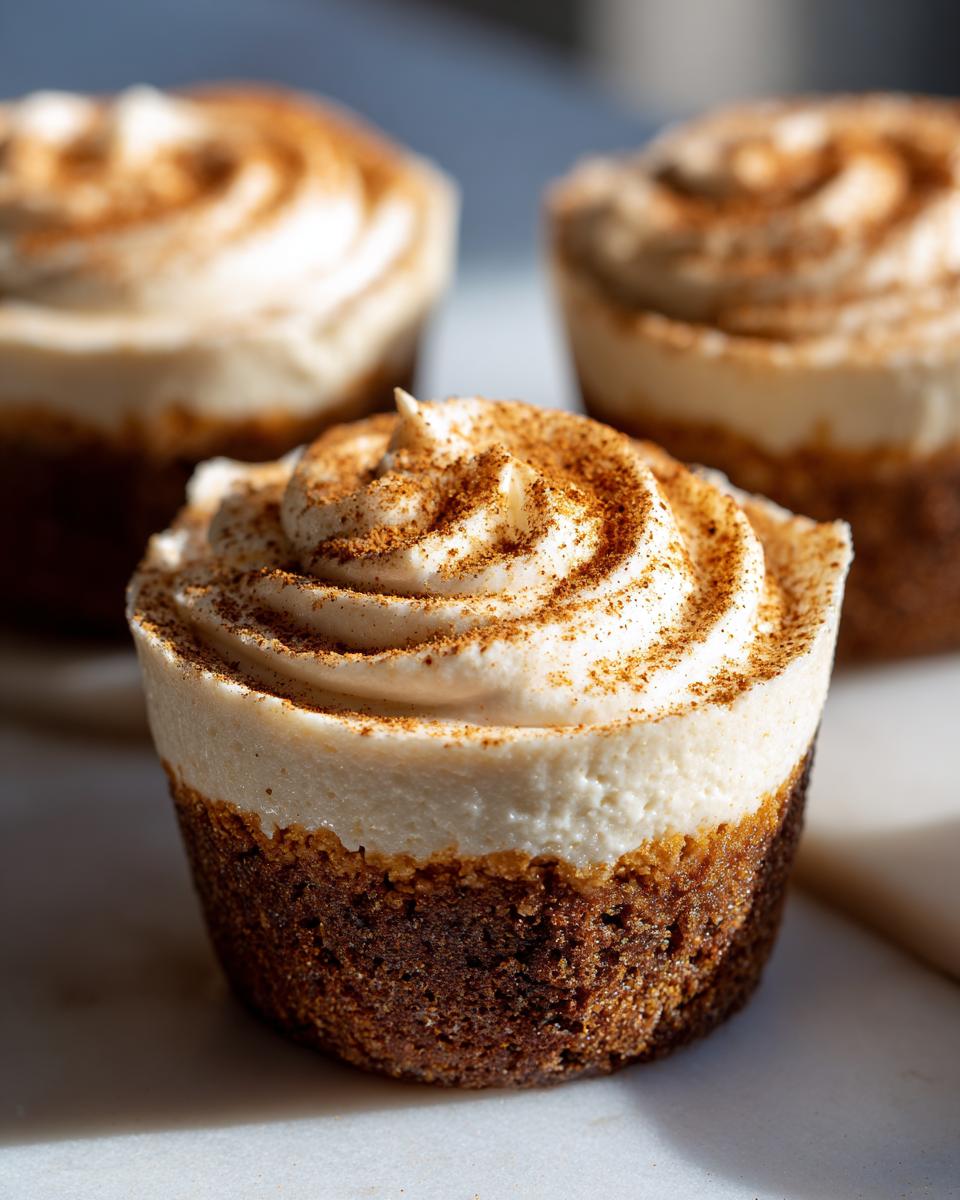 A close-up of a no-bake gingerbread cheesecake cup topped with swirled cream and cinnamon.