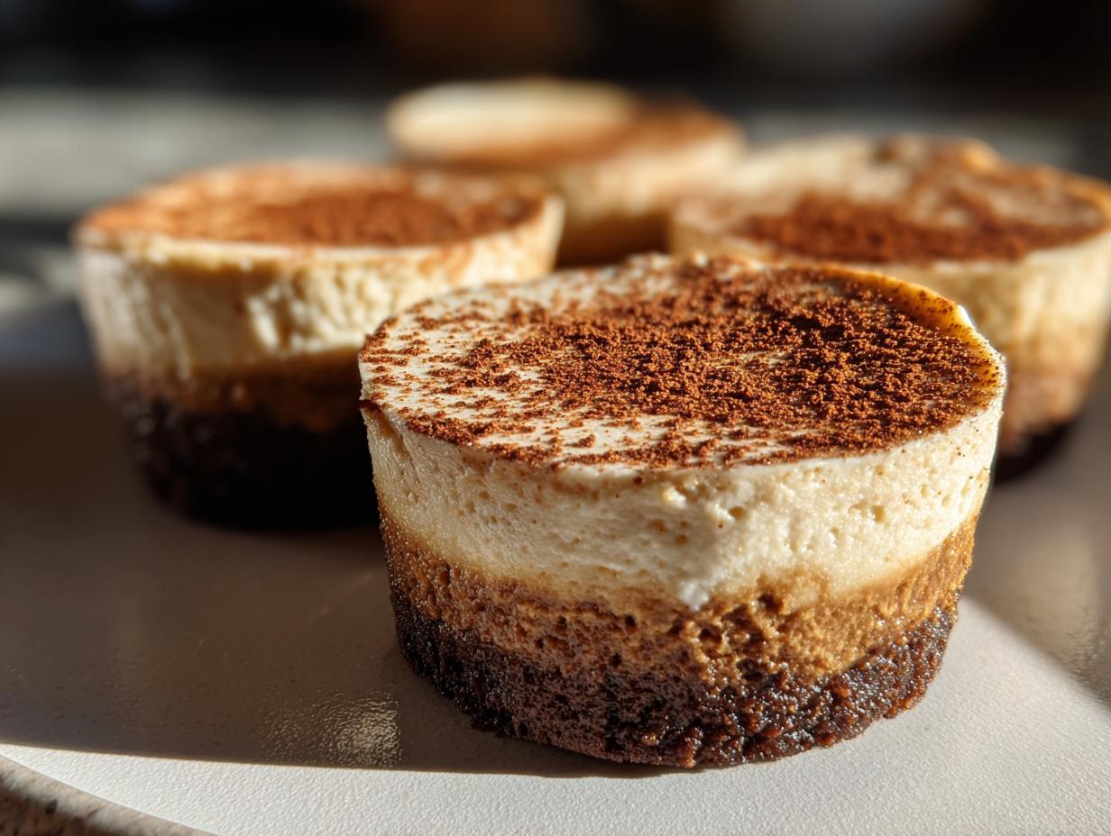 Close-up of individual no-bake gingerbread cheesecake cups topped with cocoa powder.