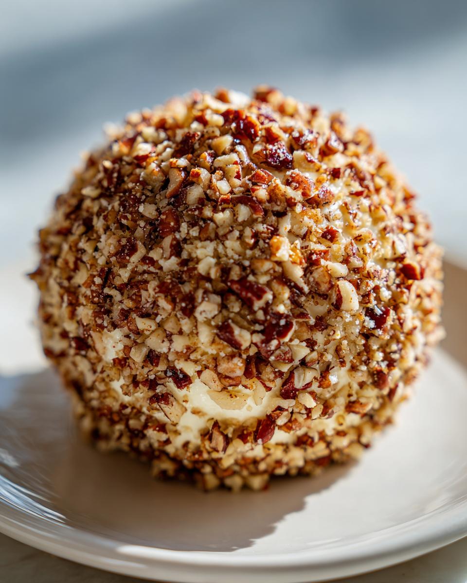 A perfectly round cheese ball recipe coated entirely in finely chopped toasted pecans, sitting on a white plate.