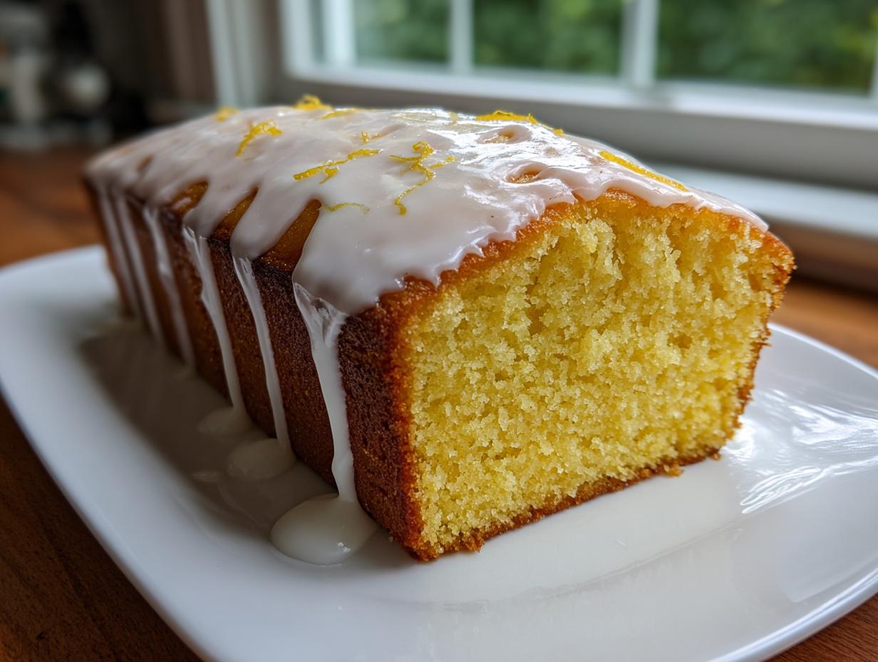 A close-up of a freshly baked lemon loaf with thick white glaze dripping down the sides and lemon zest on top.