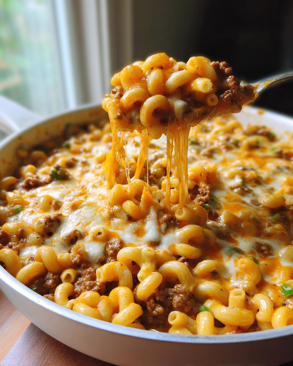 A spoonful of cheesy, saucy taco pasta being lifted from a skillet full of the dish.