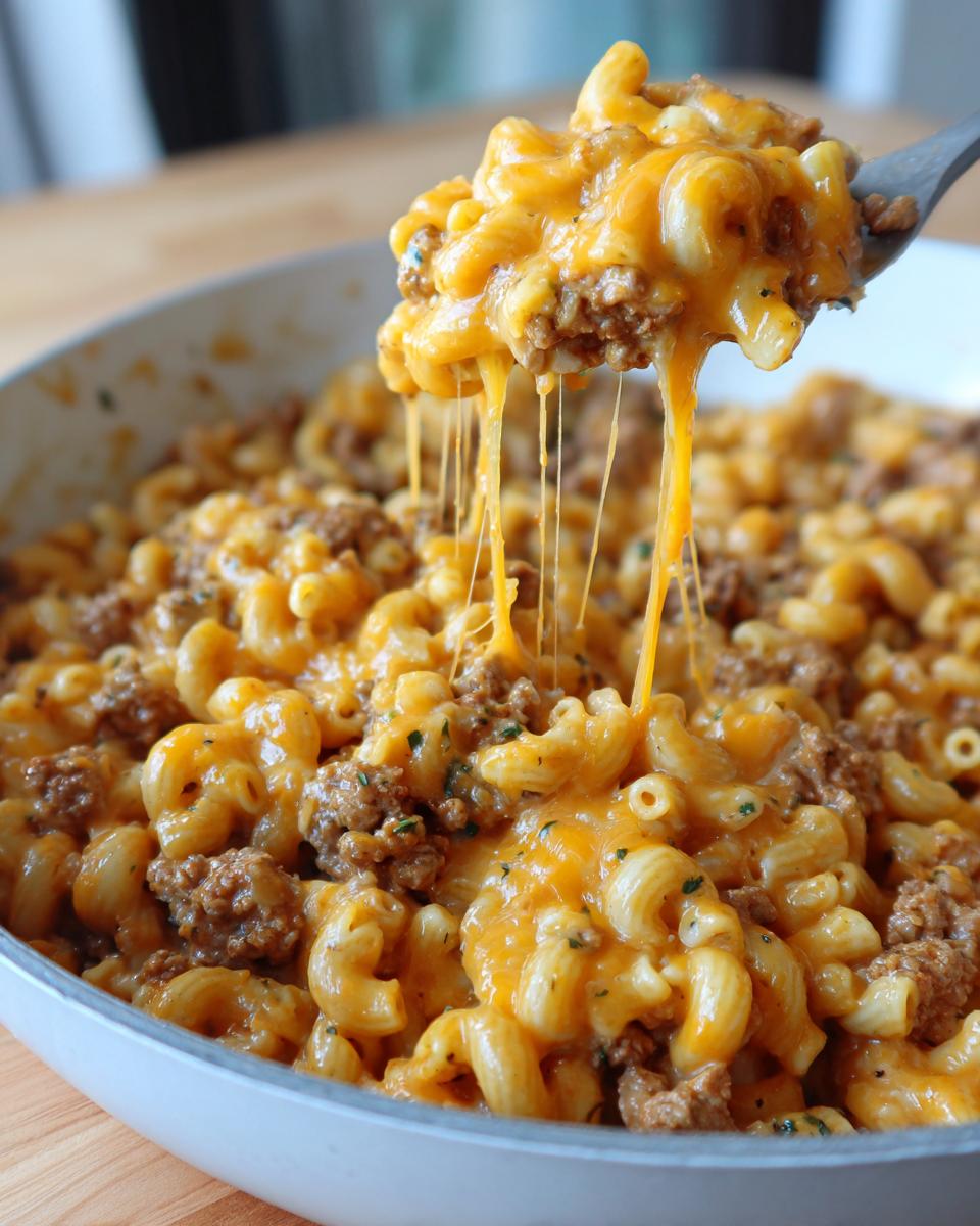 A spoonful of cheesy, meaty taco pasta being lifted from a white skillet, showing long cheese pulls.