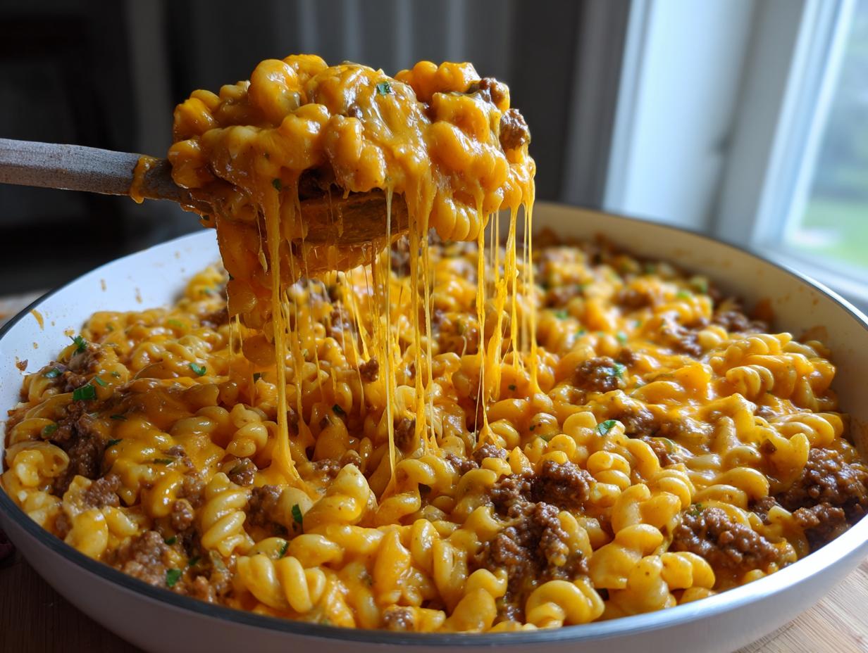 A wooden spoon lifts a scoop of cheesy taco pasta, showing long, dramatic cheese pulls over the skillet.
