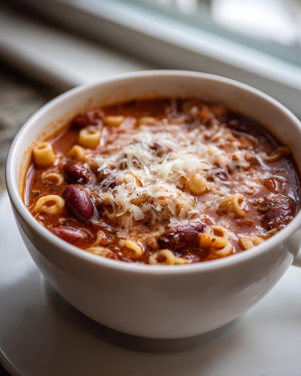 Close-up of a white bowl filled with rich pasta e fagioli soup, topped with grated Parmesan cheese.