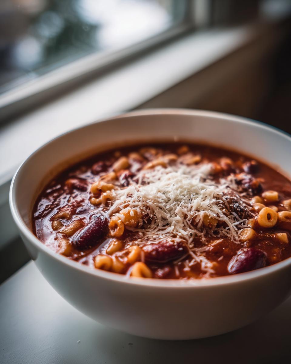 Close-up of a white bowl filled with rich, tomato-based pasta e fagioli topped with grated Parmesan cheese.