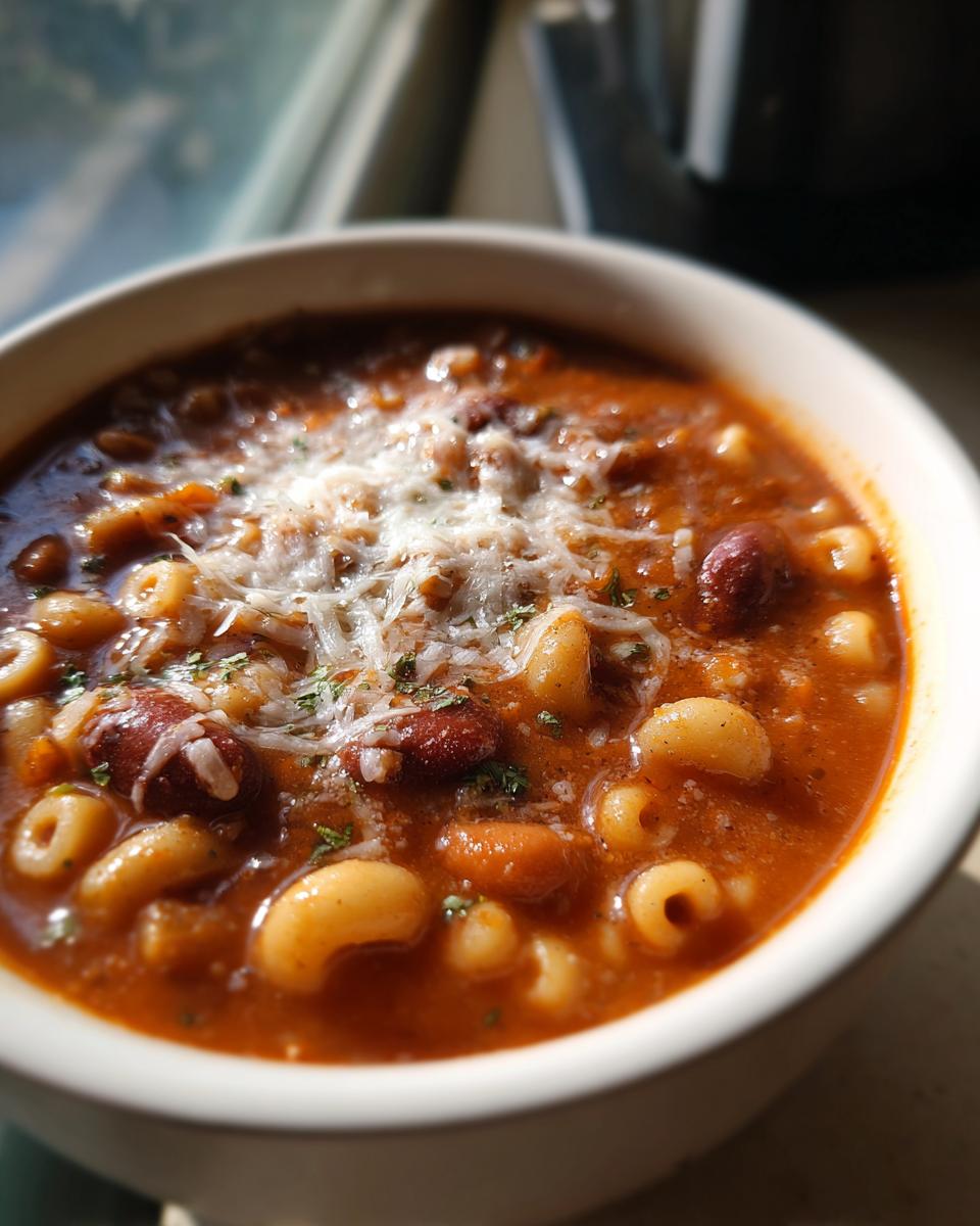Close-up of a bowl of rich, tomato-based pasta e fagioli topped with melted cheese and herbs.