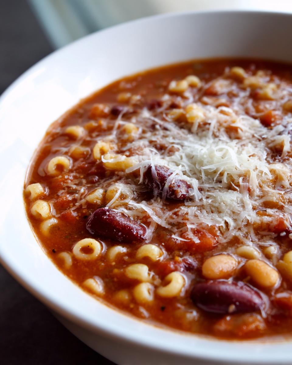 Close-up of a rich bowl of pasta e fagioli, featuring small pasta, beans, and grated Parmesan cheese.