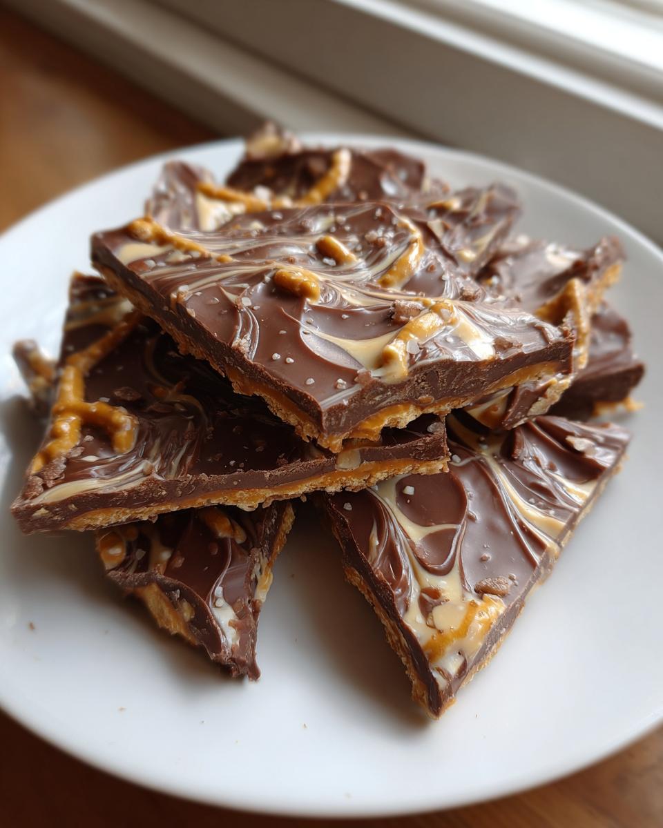 A stack of broken pieces of amazing peanut butter pretzel bark featuring chocolate, peanut butter swirls, and sea salt.
