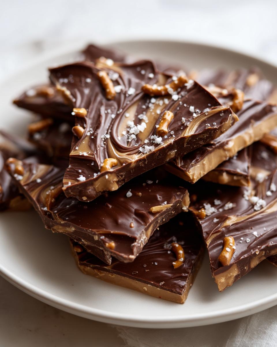 A stack of broken pieces of peanut butter pretzel bark, featuring swirled chocolate and peanut butter layers, topped with mini pretzels and sea salt.