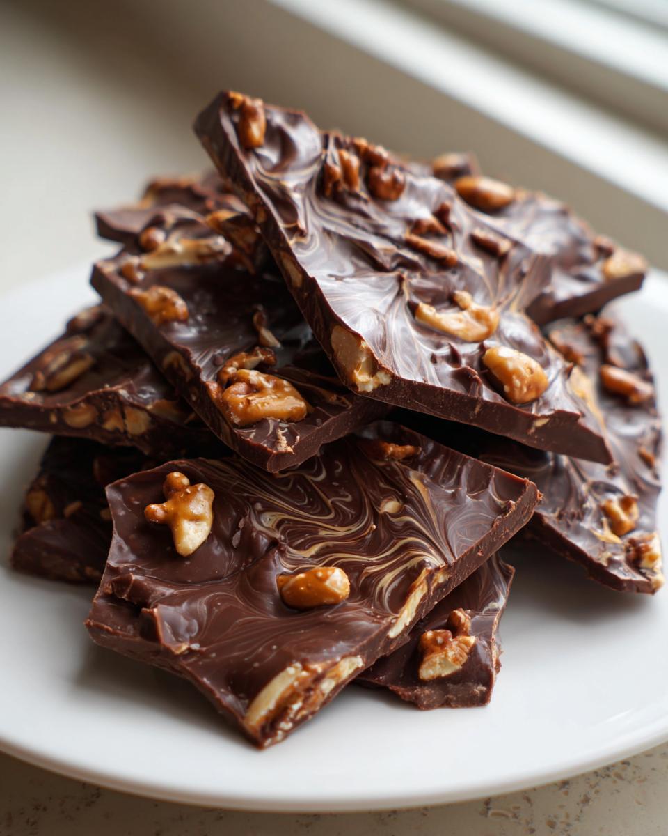 A stack of broken pieces of dark chocolate peanut butter pretzel bark topped with nuts on a white plate.