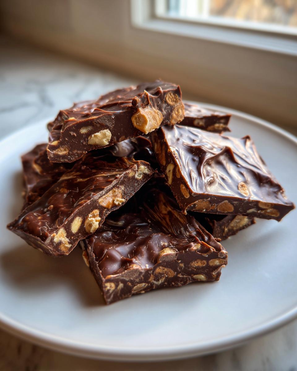 A stack of broken pieces of rich, dark peanut butter pretzel bark on a white plate.