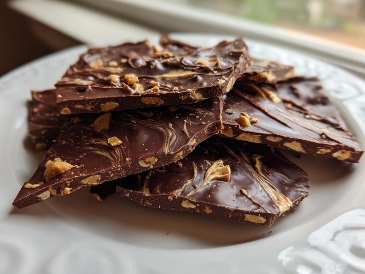 Close-up of broken pieces of peanut butter pretzel bark stacked on a white plate.