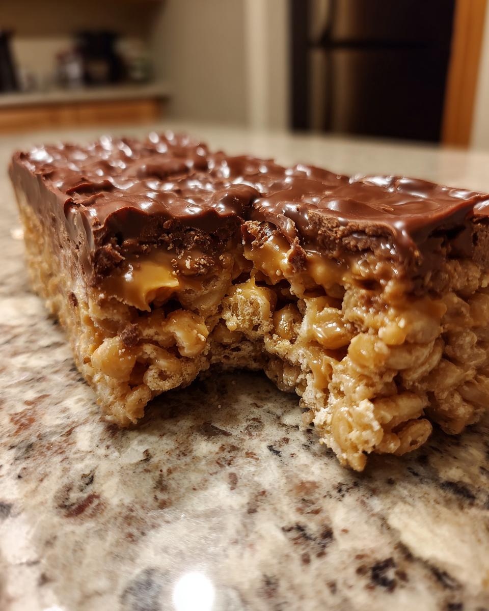 A close-up, cross-section view of a decadent peanut butter rice krispie treats bar topped with melted chocolate.