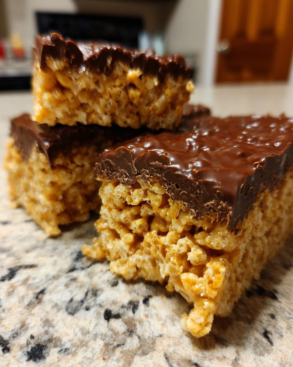 Three stacked squares of peanut butter rice krispie treats topped with a thick layer of melted chocolate.